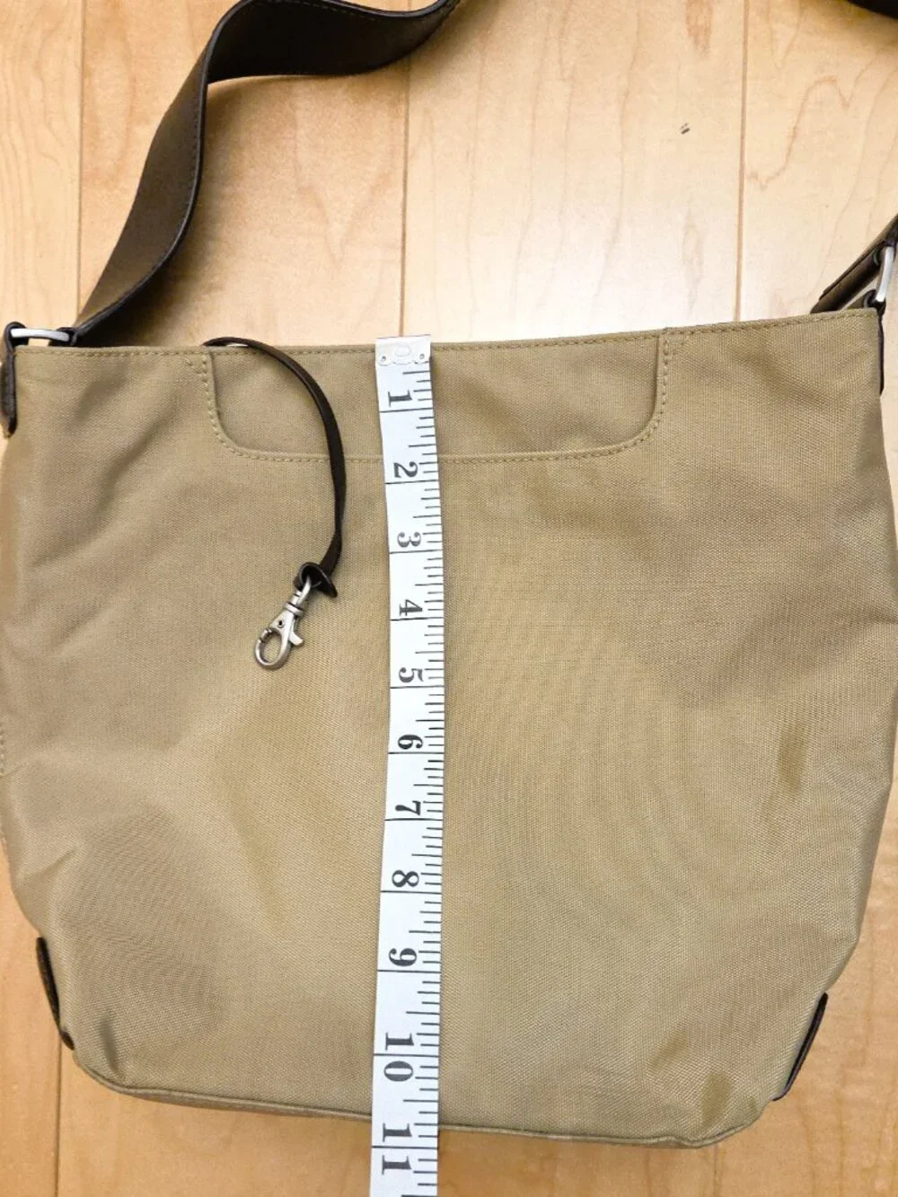 TUMI Cargo Leather Strap Canvas Tote Bag Tan Beige 2 Pockets Keyholder Zip